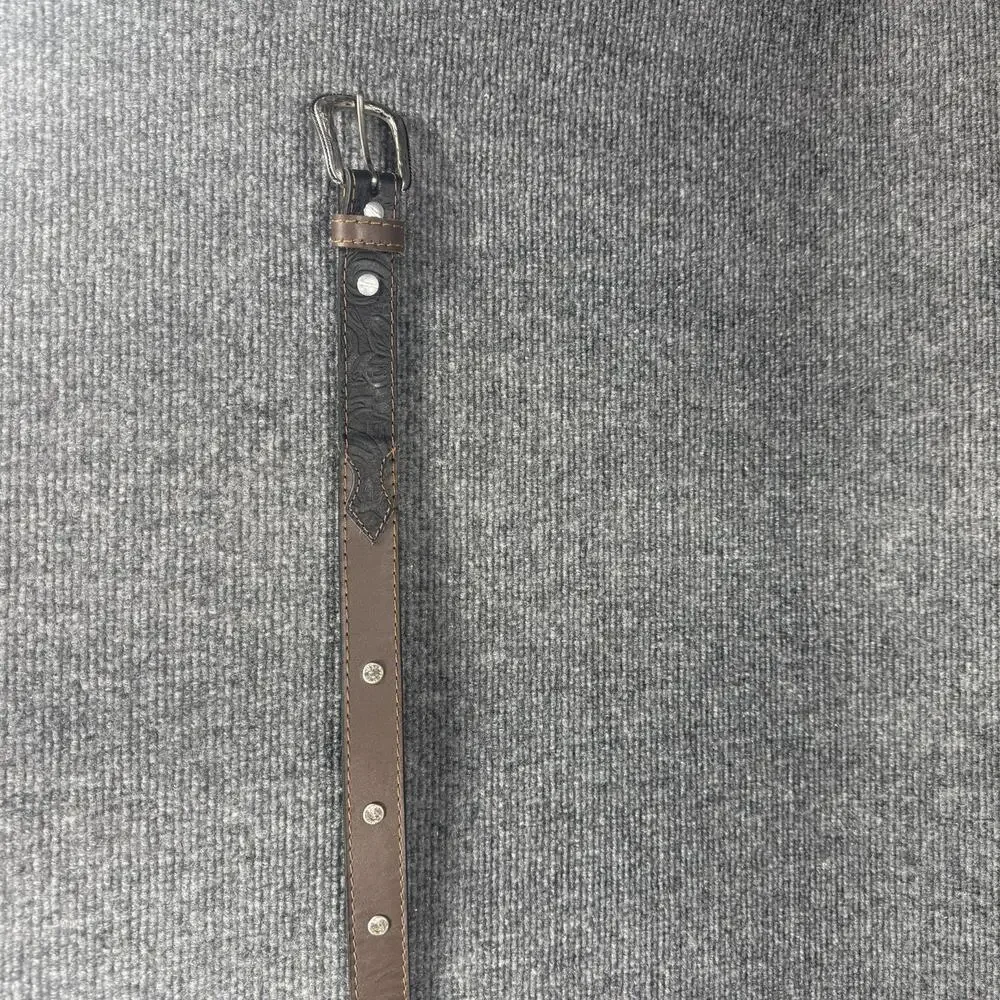 Kids Tooled Rhinestone Studded Western Leather Belt Black Brown Size 28